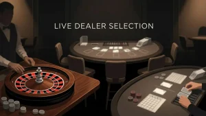 Live dealer casino table scene with roulette, blackjack and baccarat elements